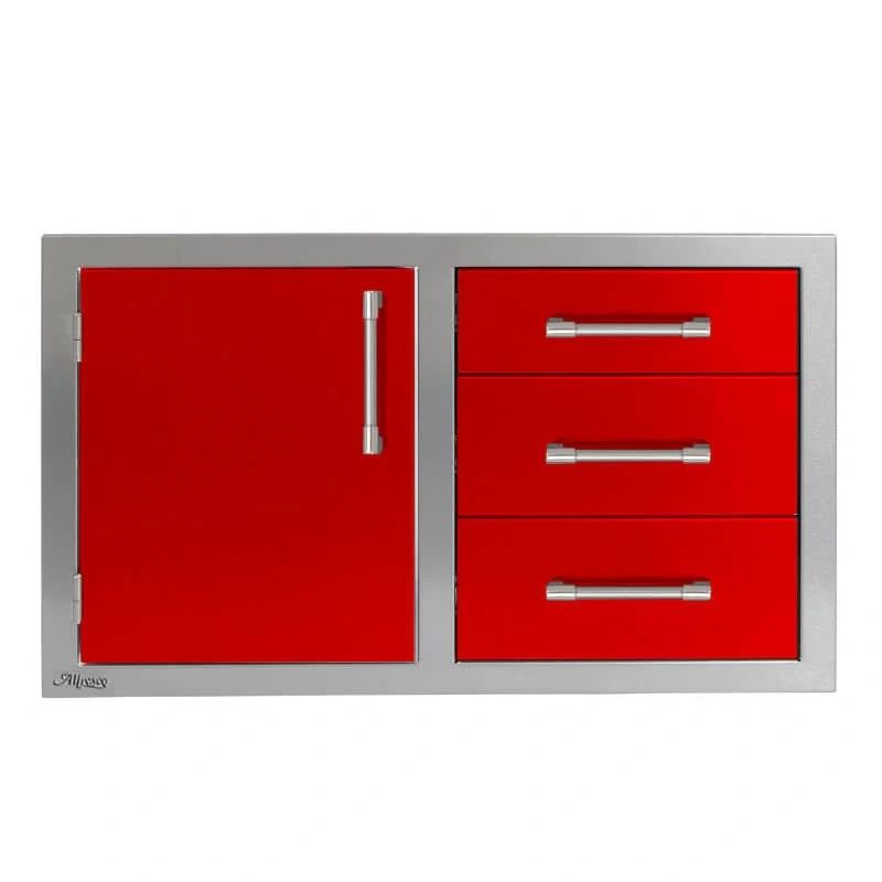 Alfresco 32-Inch Stainless Steel Soft-Close Door & Triple Drawer Combo-Carmine Red