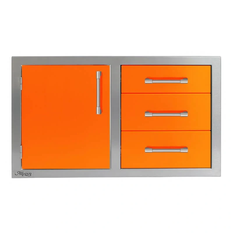 Alfresco 32-Inch Stainless Steel Soft-Close Door & Triple Drawer Combo-Luminous Orange