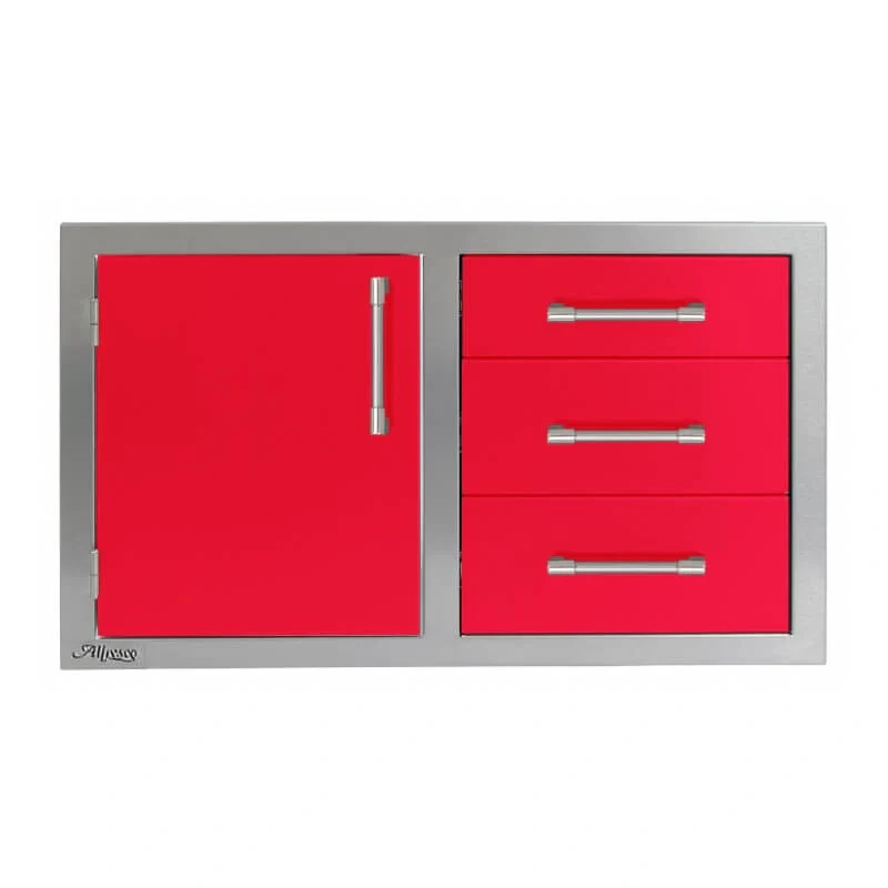 Alfresco 32-Inch Stainless Steel Soft-Close Door & Triple Drawer Combo-Raspberry Red